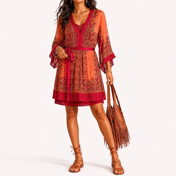 Chaudry Dresses & Skirts - Chaudry Kaftan Slip Dress Small Red Embroidered Mesh Flowy Sleeves Beaded Boho